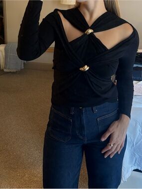 Ina Black Long Sleeve Twist Top with Gold Ring Accents